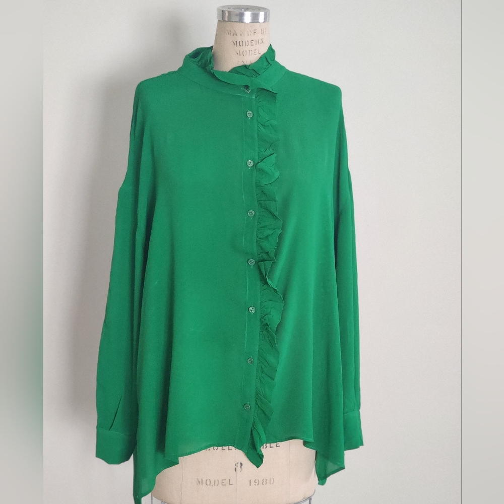 ZARA ruffles neckline hi-low long top